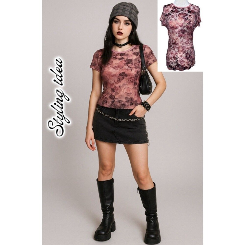 Fairy Grunge Sheer Floral Mesh Top Femme Y2K Coquette Soft Grunge S/M Stretch